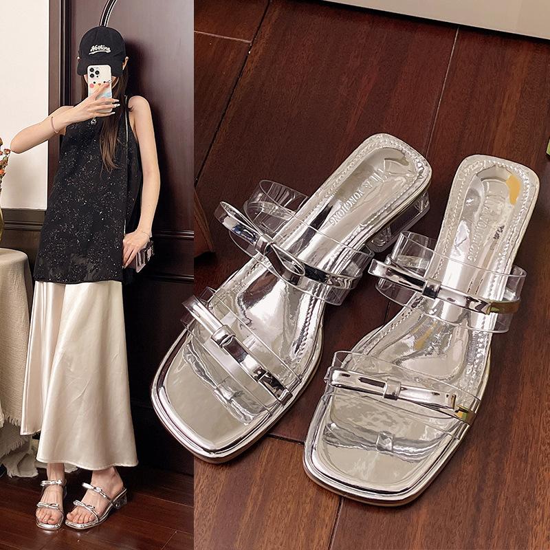 

2025 summer new fashion thick heel bow transparent high heels daily leisure 35 серебряный