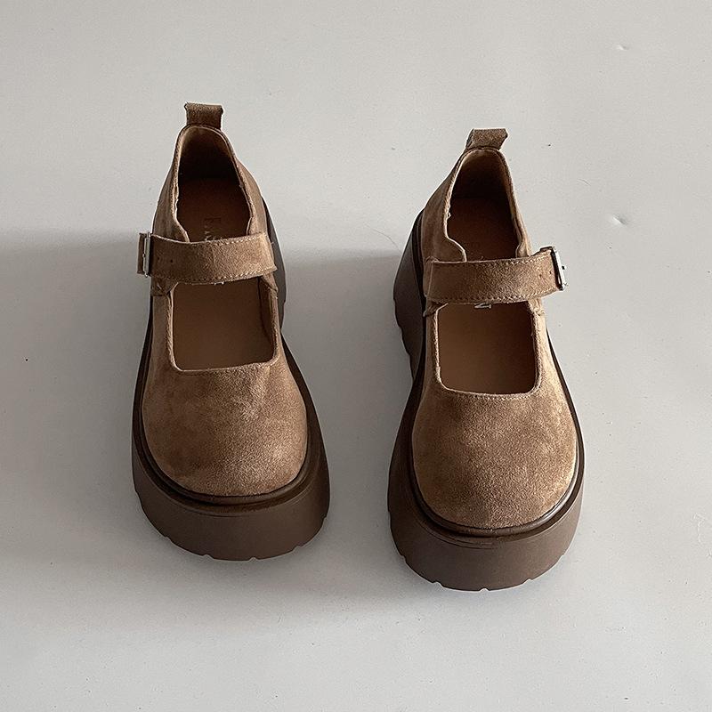 

Весенние новые туфли-маффины на платформе, женские туфли Doudou в стиле колледжа, черные туфли Мэри Джейн с круглой головкой и пряжкой в виде одного слова, мокасины 35 хаки