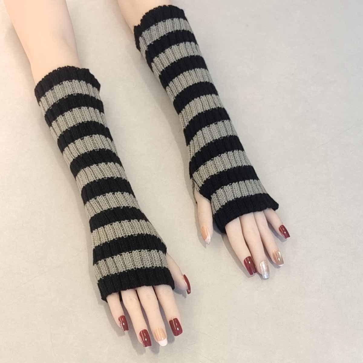 

Двоколірні смугасті вовняні безпалі рукавички - Теплі рукавички середньої довжини One Size