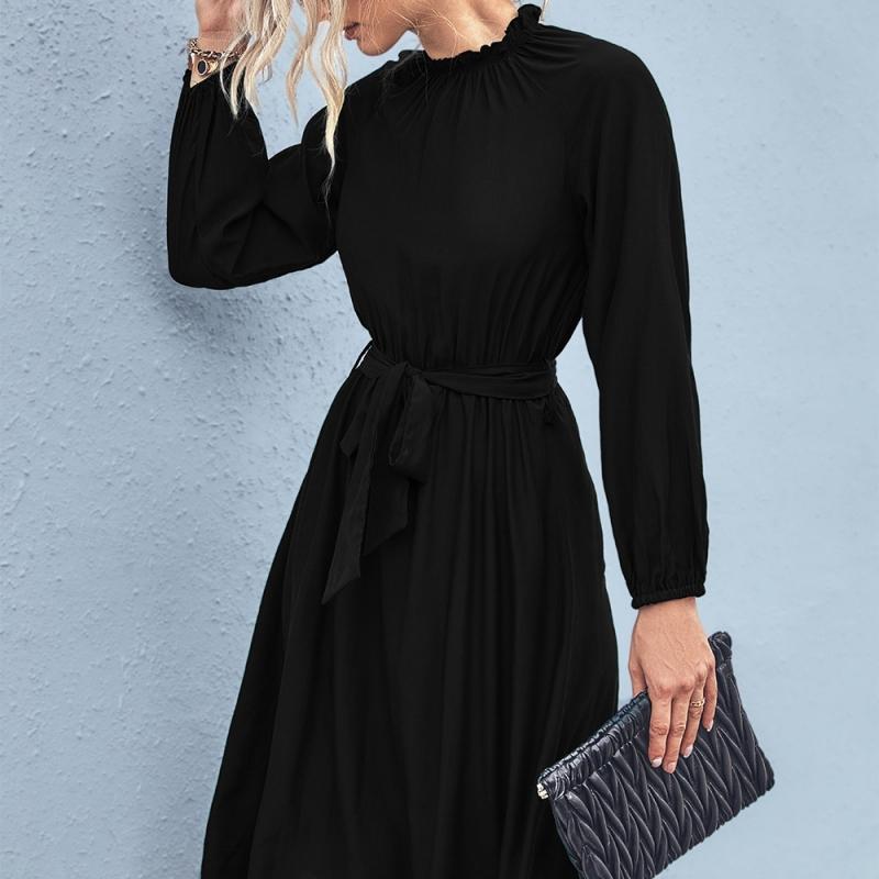 YYFS Frauen Herbst Winter Mode Lange Ärmel Lotus Blatt Kragen Mid-kalb Casual Kleider