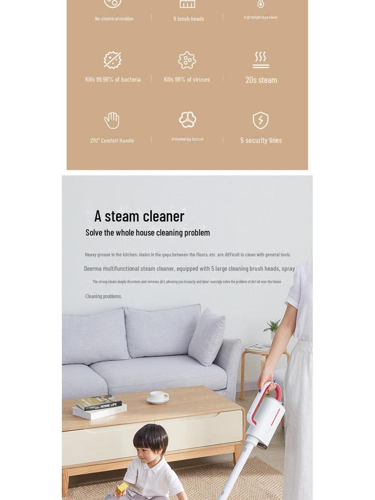 Deerma Electric Handheld Steam Mop: High-Temperature, Multi-Function Cleaning Tool for Home