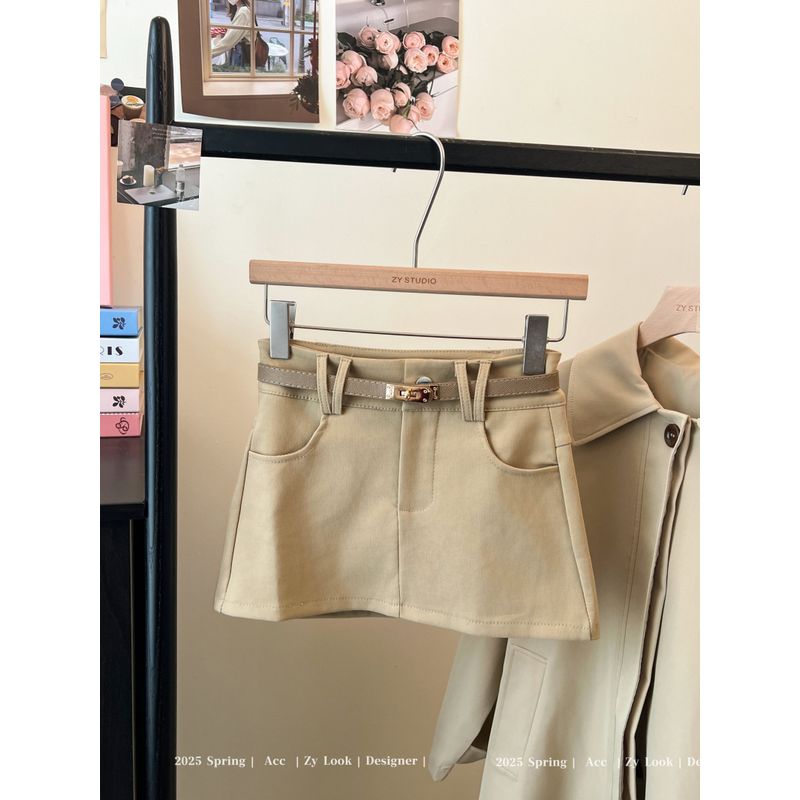 Kumikumi Stylish Khaki Anti-Exposure Skirt Female Autumn Temperament Wild Slim Looking A- Line Skirt Skirt