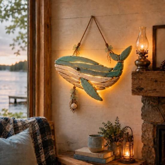 Easy To Install Wall Lamp Coastal Fish Pendant with Light, Fish/Turtle/Jellyfish/Dolphin/Octopus/Whale Shape, Resin Ocean Sconce Light Themed