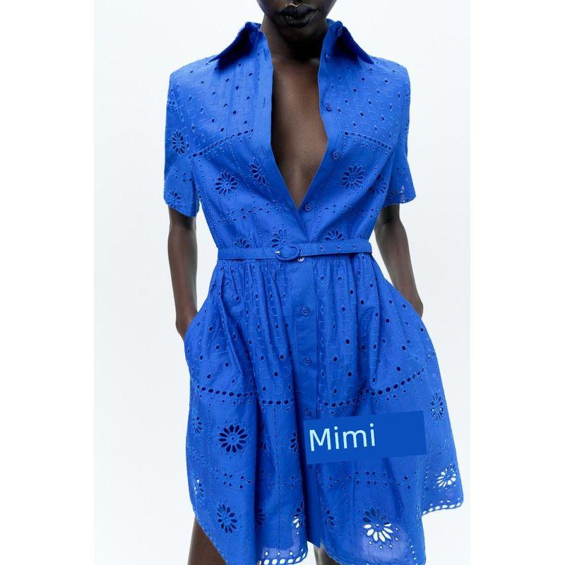 Spring New Fashion Socialite Style Lapel Short Sleeve with Belt Cut Out Embroider Dress 4786085