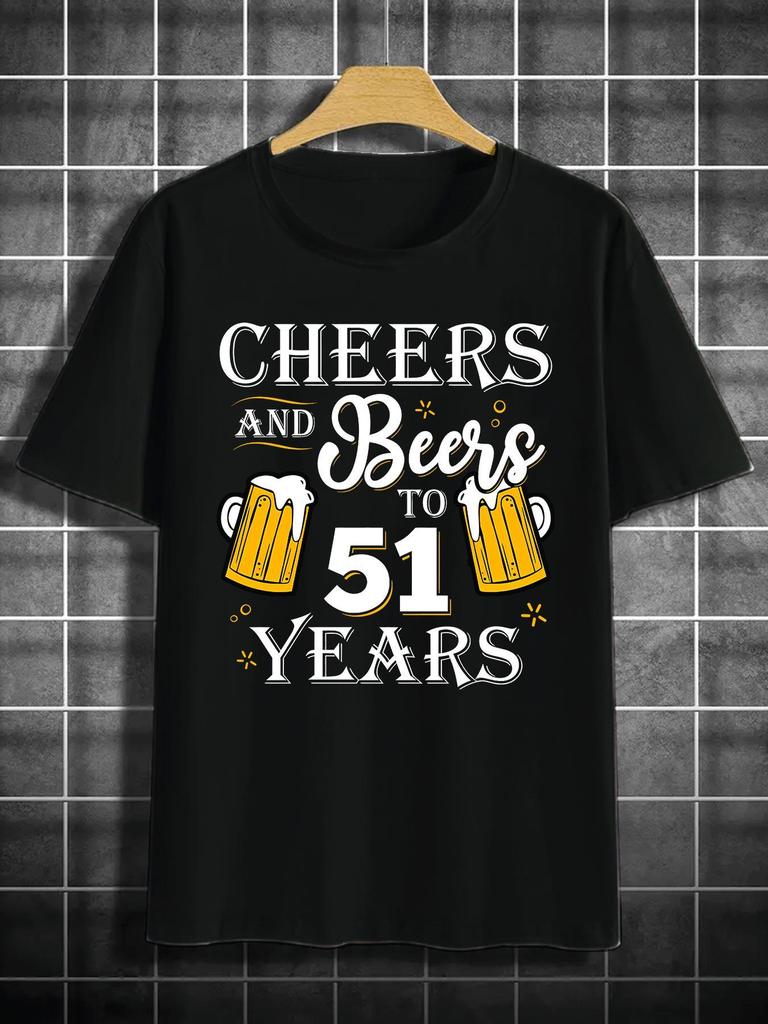 Unisex O Neck Tee 51 Birthday Beer Cheers Graphic Print Cotton Short Sleeve Loose Summer Street Breathable Daily Casual Basic Tee