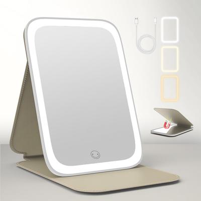 Tekstap Lighted Leather Case Makeup Mirror with Portable Folding LED Makeup 3 Color Adjustable Memory LED Makeup Suitable for A Great Gift for Girls