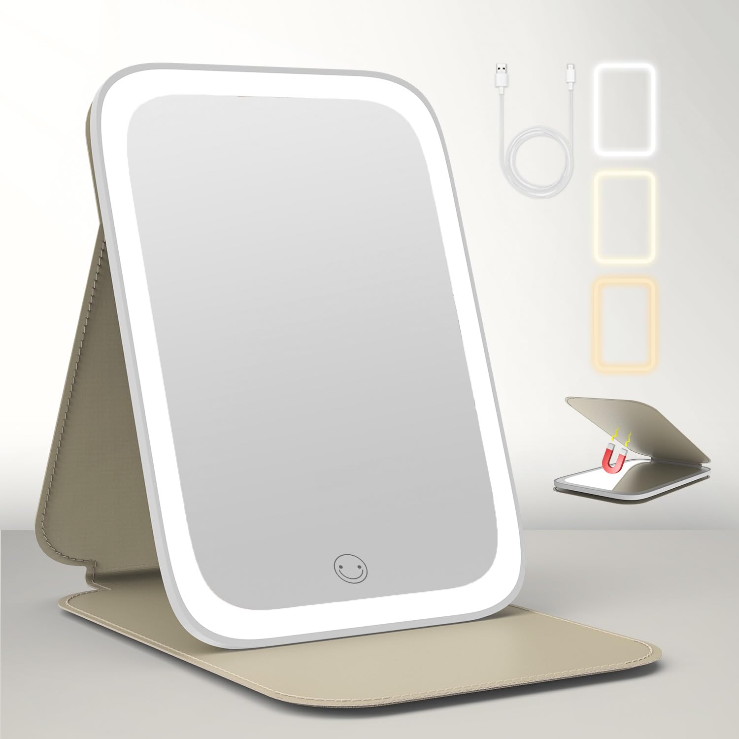 

Tekstap Lighted Leather Case Makeup Mirror with Portable Folding LED Makeup 3 Color Adjustable Memory LED Makeup Suitable for A Great Gift for Girls