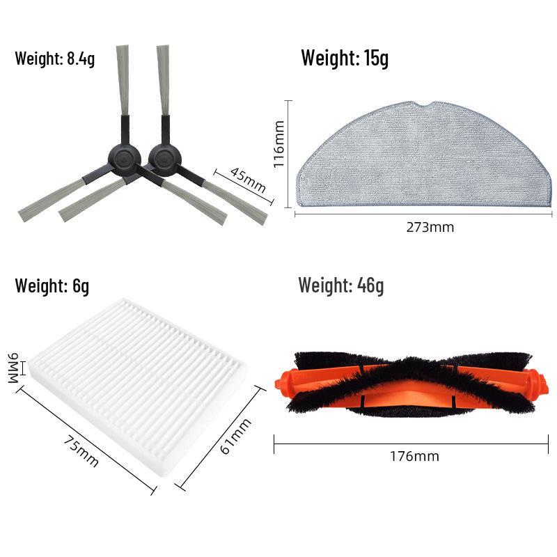Compatible Accessories for Xiaomi Mijia S20/D106: Main Brush, Roller Brush, Filter Screen, Mop Cloth, Mop Pad, HEPA.