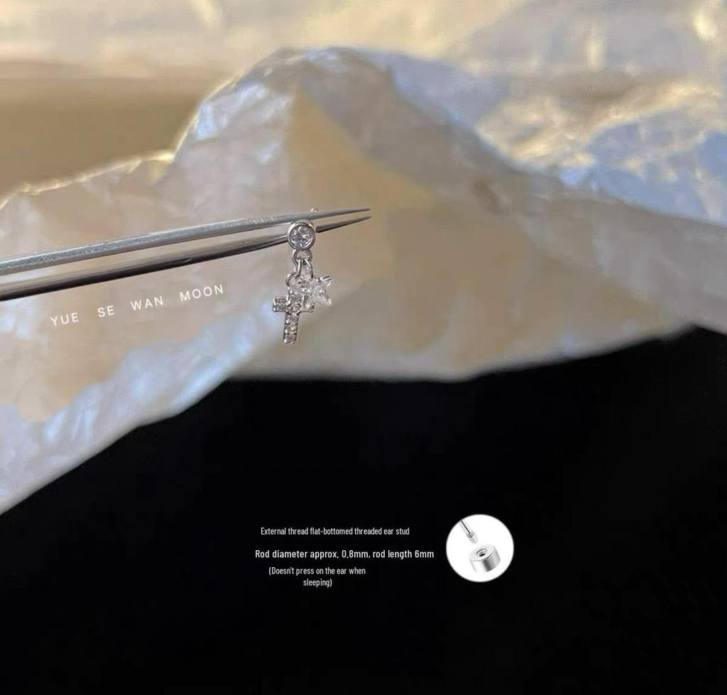 Unisex Silver Cross Helix Ear Cuff In Japanese Korean Style, Titanium Steel Cartilage Piercing Earring.