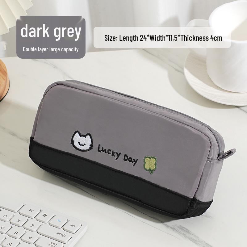 Large Capacity Color-Blocked Kitten & Clover Embroidery Pencil Case