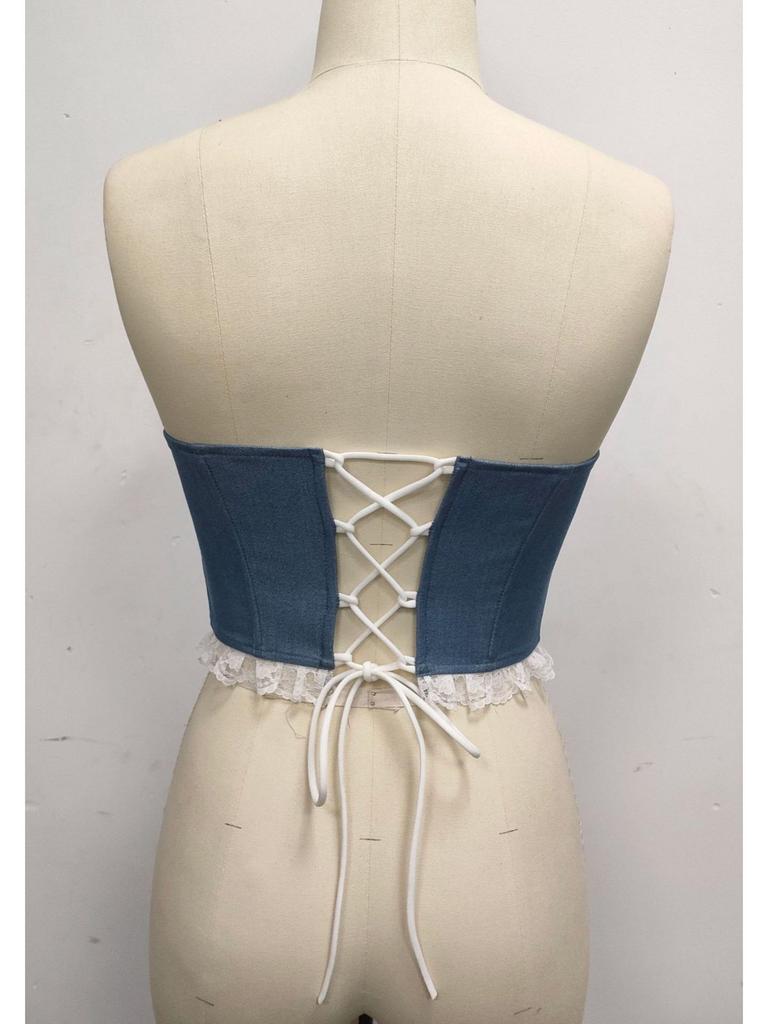 Cross-border Imitation Denim Strapless Lace-Up Boned Top R220