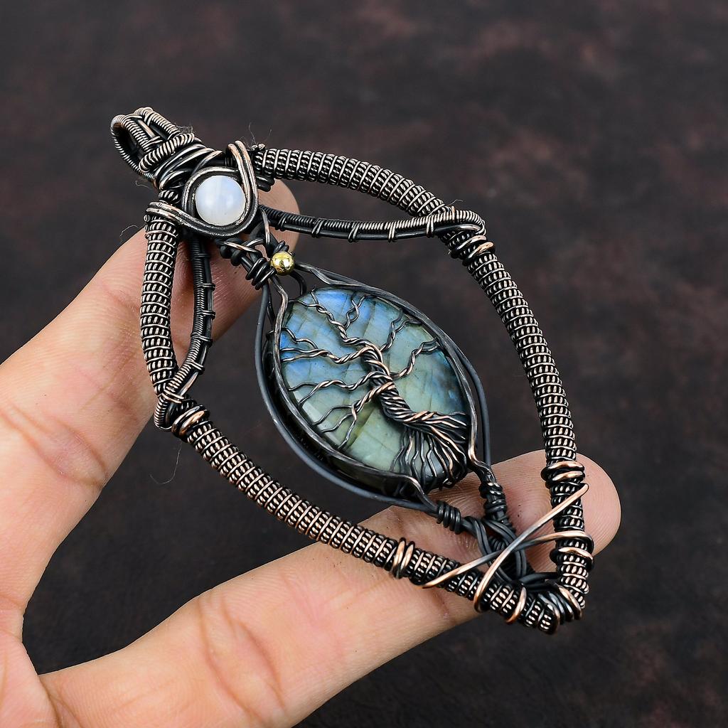 Tree Of Life Labradorite Pendant Copper Wire Wrapped Pendant Rainbow Moonstone Copper Jewelry Gemstone Pendant Handmade Jewelry Gift For Her