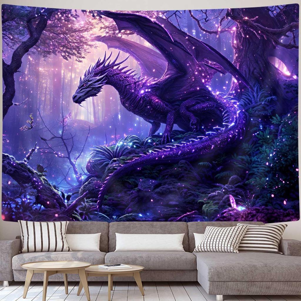 Purple Dragon Tapestry Medieval Fantasy Animal Cool Tapestry Wall Hanging For Bedroom Aesthetic, Psychedelic Magic Forest Tree