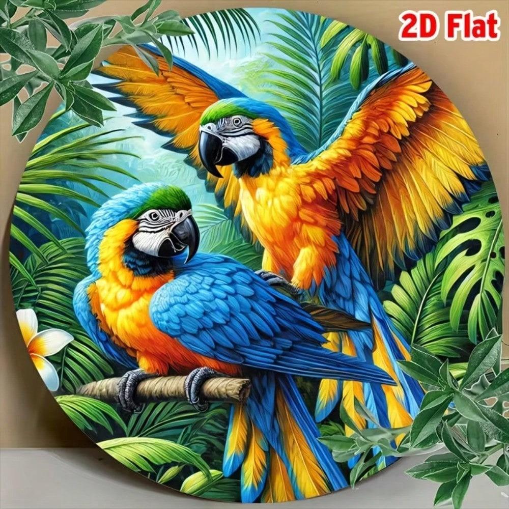 Vintage Metal Wall Art Colorful Parrots Tropical Leaves Aluminum Plaque Home Decor Indoor Outdoor Gift