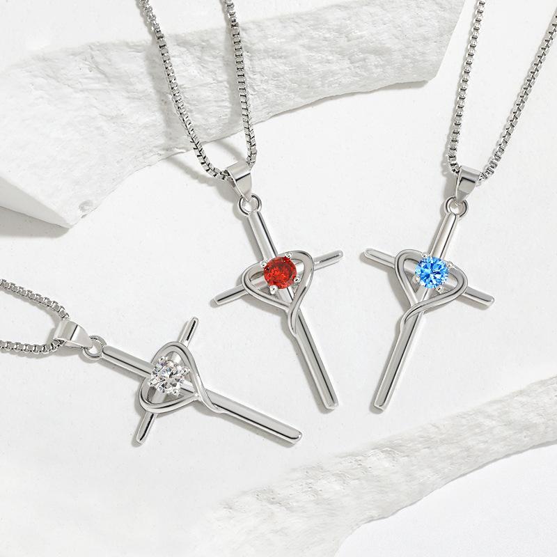 Heart-shaped Twelve Constellations Stone Collarbone Chain, Retro Cold Wind Faith Cross Necklace