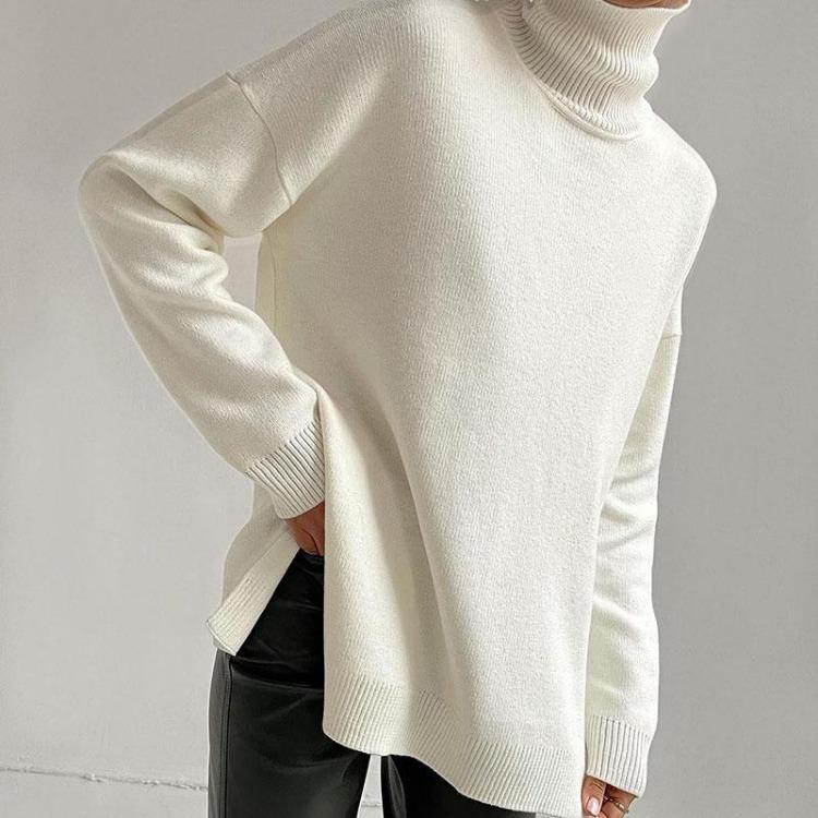Women Casual Solid Color High Neck Knitted Sweater Long Sleeve Tops Autumn Winter