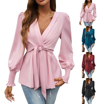 Women's Solid Color Elegant V-Neck Belted Waist Shirt Top