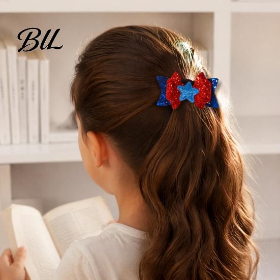 Glitter Bow Barrettes Independence Day Hair Clip for Girls, Red Blue White Hairpin, Double Layer Fashion Bows with Sequins Star, Accessory Festival