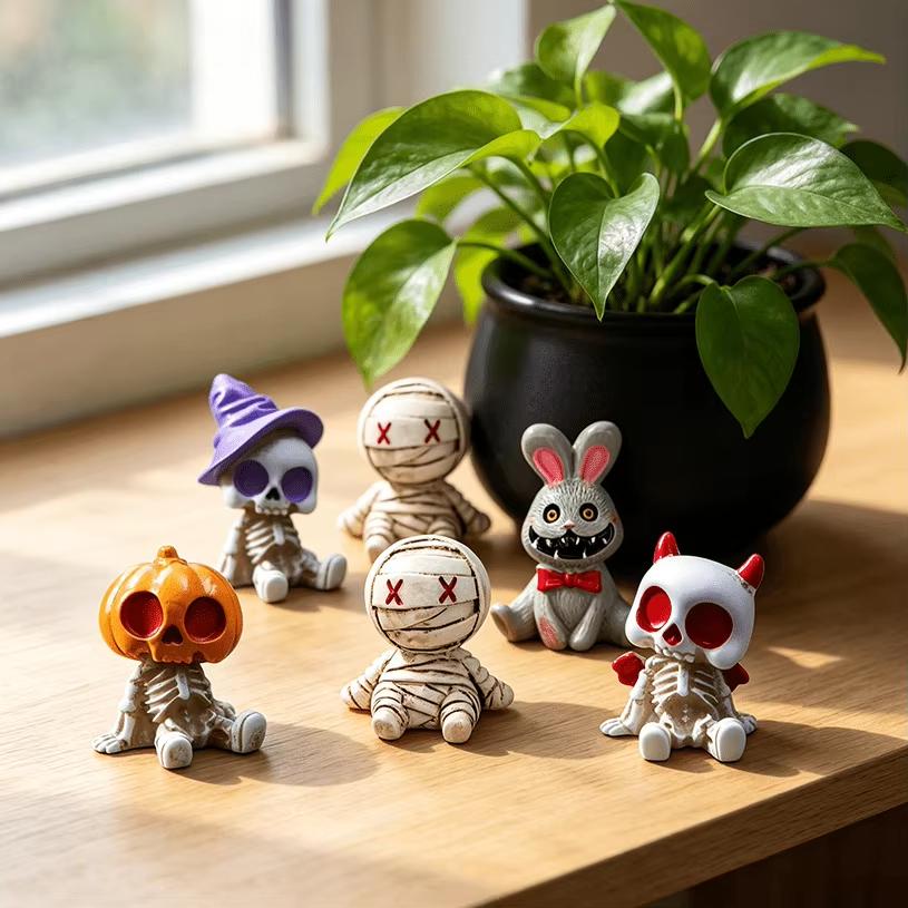 6-11pc Halloween Skeleton Mummy Figurines 1D Cartoon Rabbit Skull Micro Landscape Decor Resin Succulent Pot Desktop Party Gift