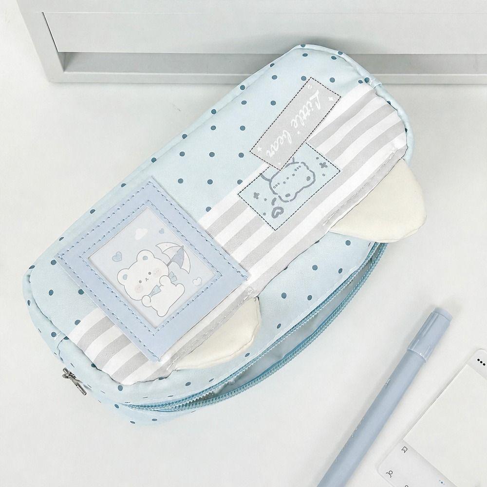 Cat Ear Design Pen Bag Multi-Layer Pencil Pouch Large Capacity Stationery Bag Gift