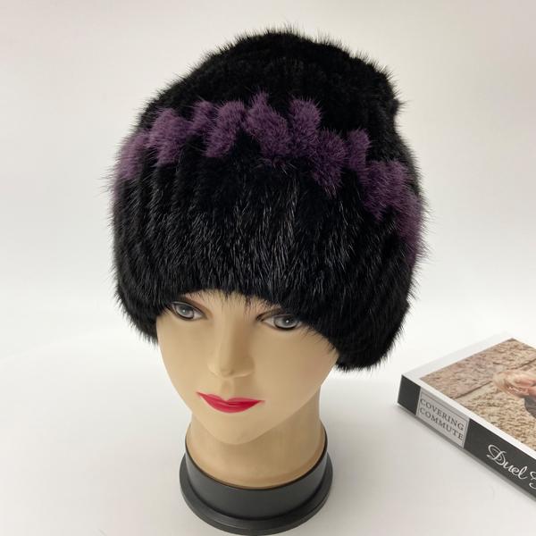 

Natural Mink Fur Beanie Hat Knitted Striped Patchwork Winter Warm Outdoor Women Hat Elastic Soft Mother Hats head size 55-59cm чорний