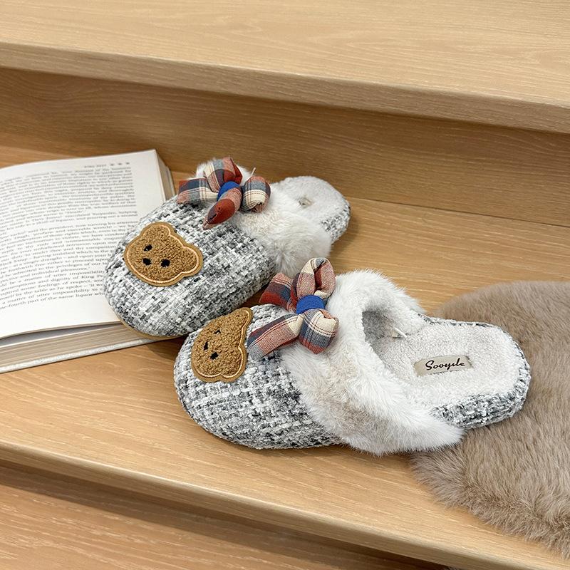 Autumn and Winter New Mao Mao Shoes Women's Shoes Flat Slippers Women's One-word Drag Cute Bear Cartoon Platform Outdoor Velvet To Keep Warm