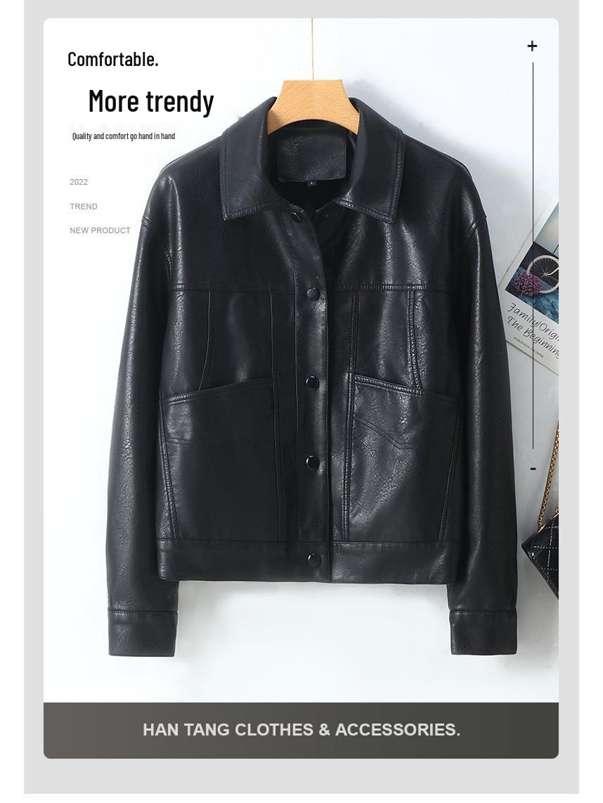 

Жіноча куртка з ПУ шкіри з відкладним коміром - Весняно-осіння коротка модель XL (55-60kg)