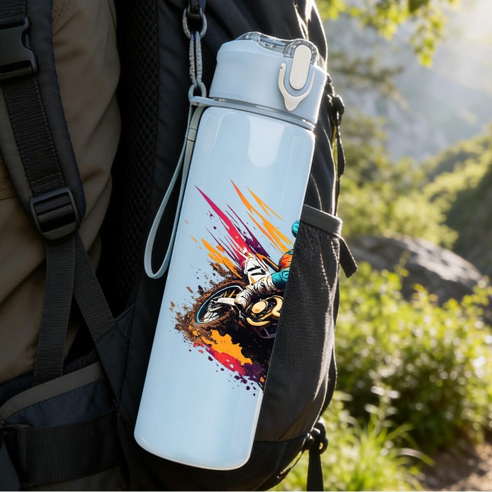 1PC Motorbike Rider Color Splash Print 750ml Color Plastic Sports Water Bottle Leakproof Flip Straw Lid Suitable for Sports Office Home Use