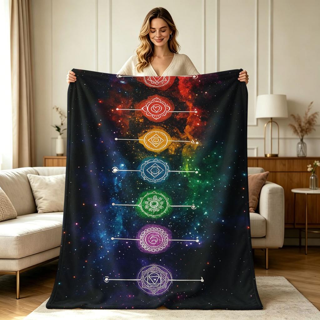 Soft Flannel Throw Blanket with 7 Chakra Galaxy Space Print All Season Warm Cozy Lightweight Blanket for Sofa Couch Bed Office Living Room Home Decora