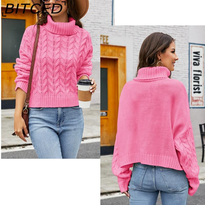 BITCED Chunky Cable-Knit Turtleneck Sweater Solid-Colour Casual Knitwear Women's Cropped Oversized Pullover