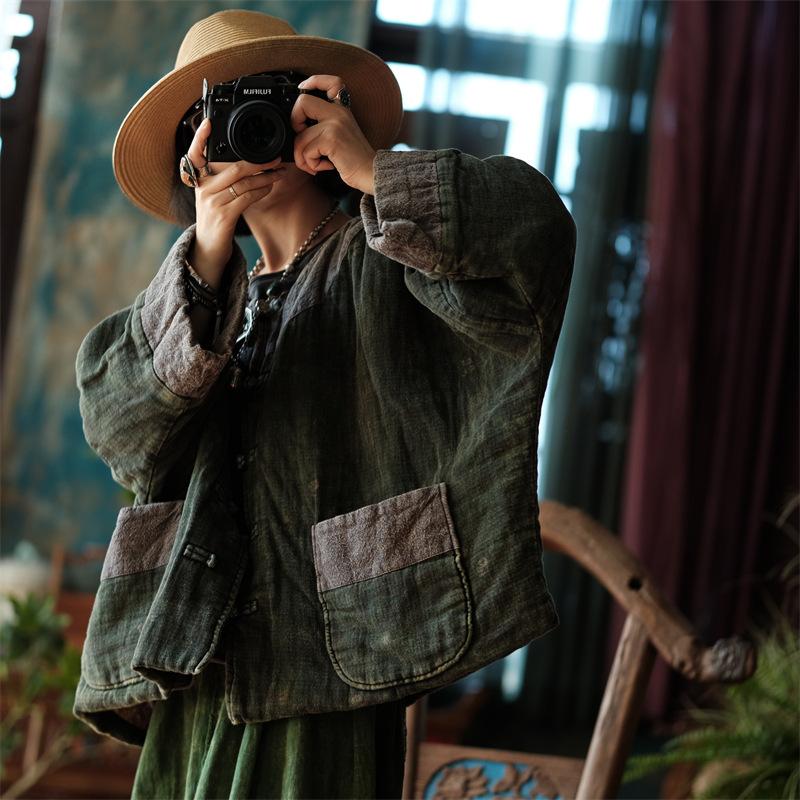 Johnature Damen Vintage Jacken O-Ausschnitt Langarm Mäntel Knopf Patchwork Taschen Herbst Lockere Jacken