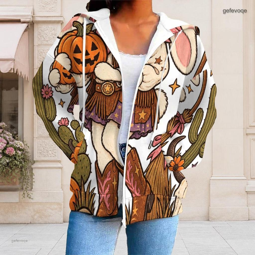 Women Plus Size Zip Up Hoodie Long Sleeve Drawstring Hood With Pockets Halloween Ghost Pumpkin Printed White