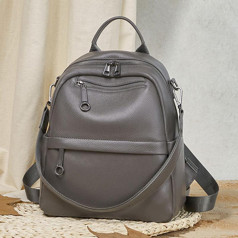 Premium Cowhide Leather Backpack for Ladies - Multi-pocket Casual Backpack