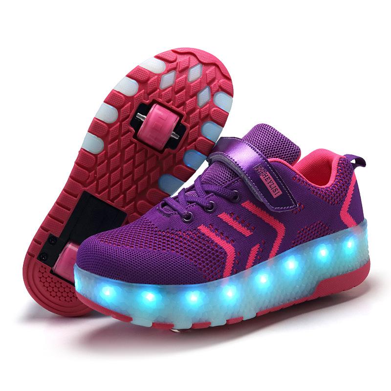 Runaway shoes USB charging, double-wheeled children's men's and women's pulley shoes luminous colorful luminous shoes full circle lights
