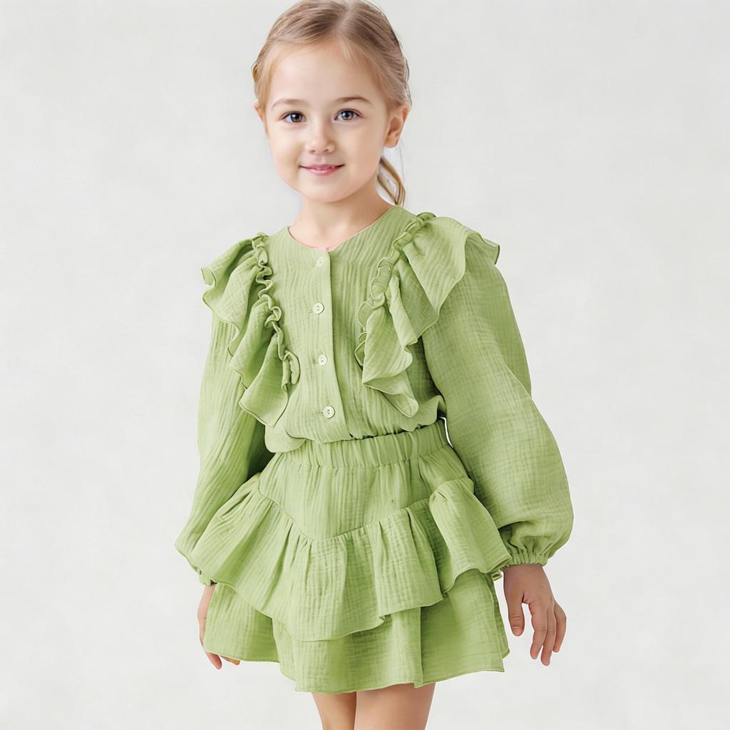 Girls Cotton Blouse with Flutter Sleeves and Ruffle Skirt Set Two Piece Outfit Soft Lightweight Fabric Comfortable Fit Spring Autumn