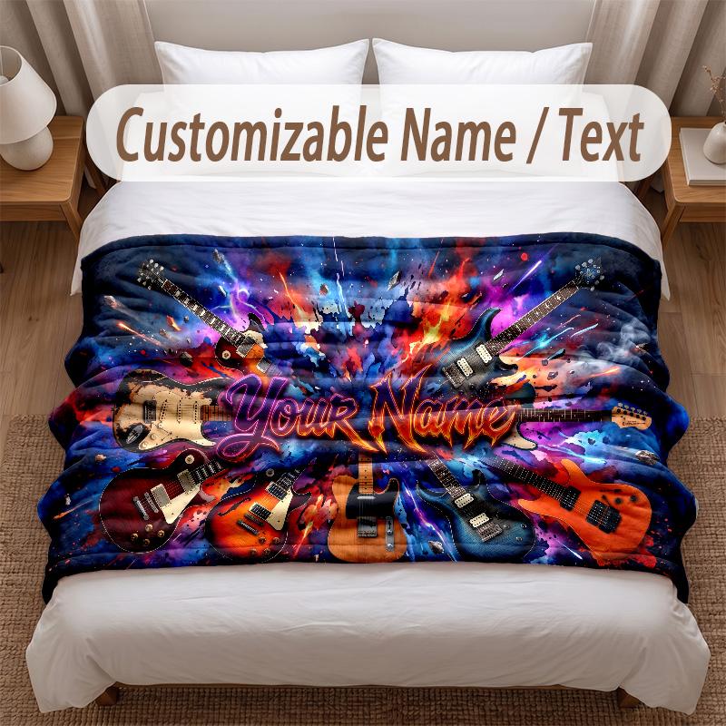 Music Guitar Theme Soft Blanket Personalized Custom Name Text Print Warm Blanket Home Sofa Bedroom Decor