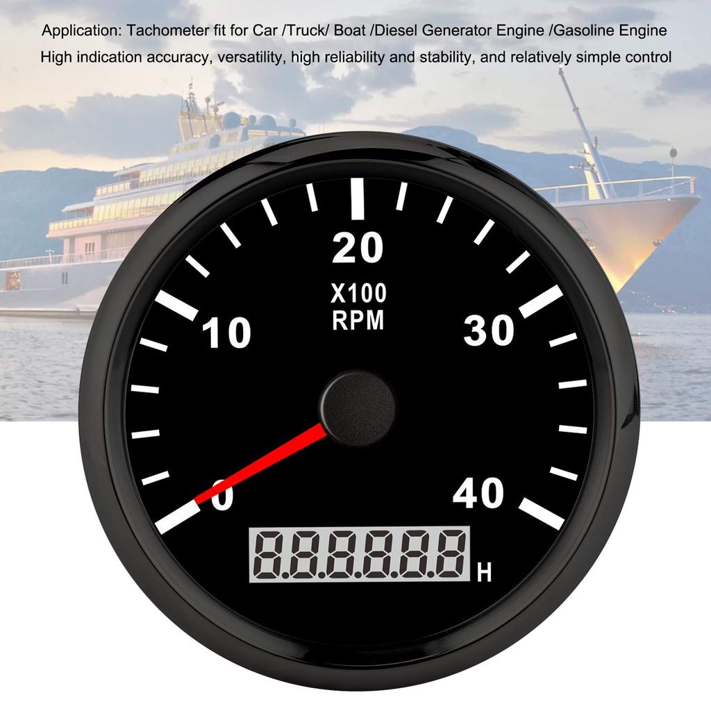 Tachometer, 85mm Pointed 4000RPM Tachometer Gauge Boat Sailboat Diesel Generator Engine/Gasoline Engine (Black with Black Frame)