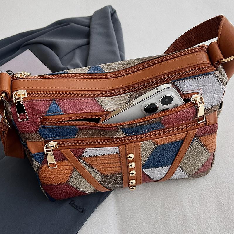 Middle-Aged Mother Bag Stitching Color Block Crossbody Bag Women Retro Multi-Compartment Large Capacity Shoulder Bag