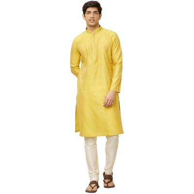 Manyavar Completo Kurta Pyjama da Uomo in Viscosa Miscelata Senape con Disegno Autoportante (M)