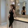 GMXIA Dress Elegant Herben Black Sexy Deep V Hanging Neck Temperament Slim-fit Wrap Buttock Slit Dress