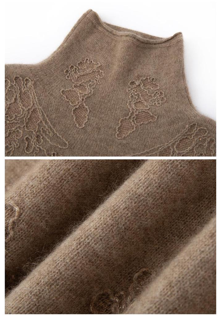 Lekasha 100% Pure Cashmere Rolled Edge High Neck Embossed Knit Top