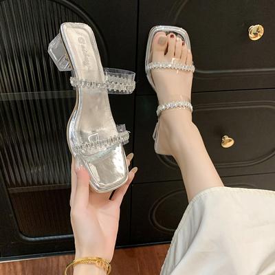 2025 New Summer Slippers Outer Wear Fairy Square Head Double Row One-word Diamond Belt Transparent Thick Heel Sandals Women's High Heels