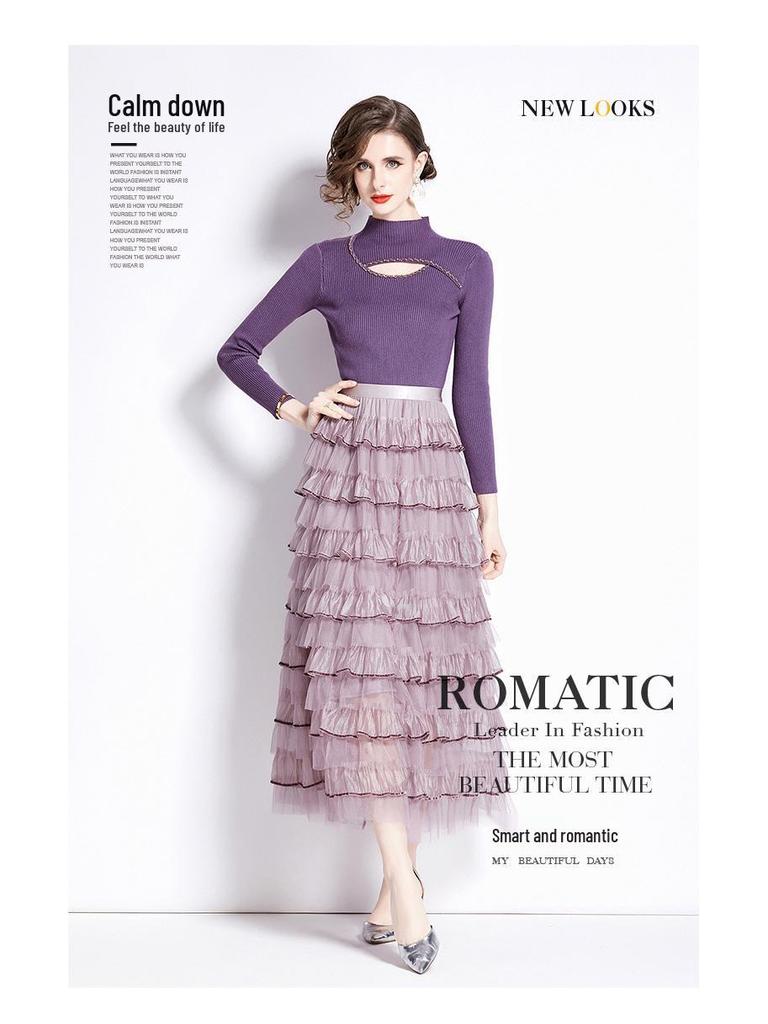 Women's Long-Sleeve Knitted Patchwork Dress Set