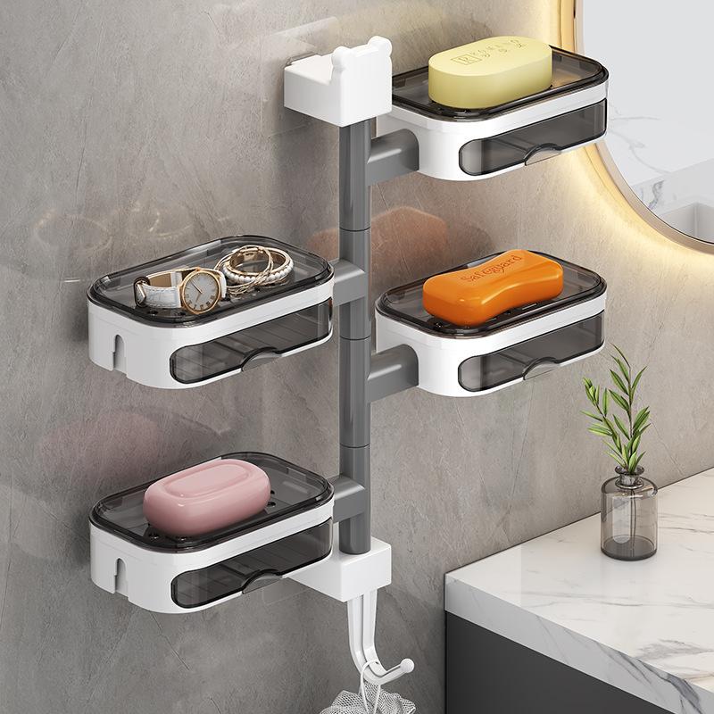 Multifunctional non-punching rotating soap box toilet bathroom wall-mounted rack hollow drain rust-proof waterproof