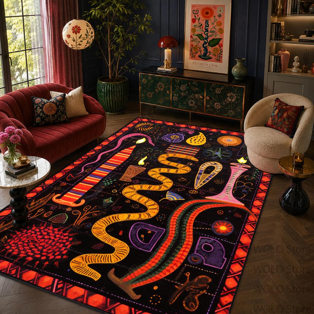Bohemian Retro Floral Snake Print Living Room Carpet Machine Washable Easy Clean Lounge Rug Fluffy Soft Bedroom Decoration Mat
