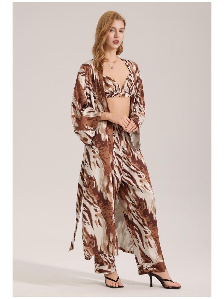 Women's Zebra Print Satin Pajama Set - Summer Robe & Long Pants, 3-Piece