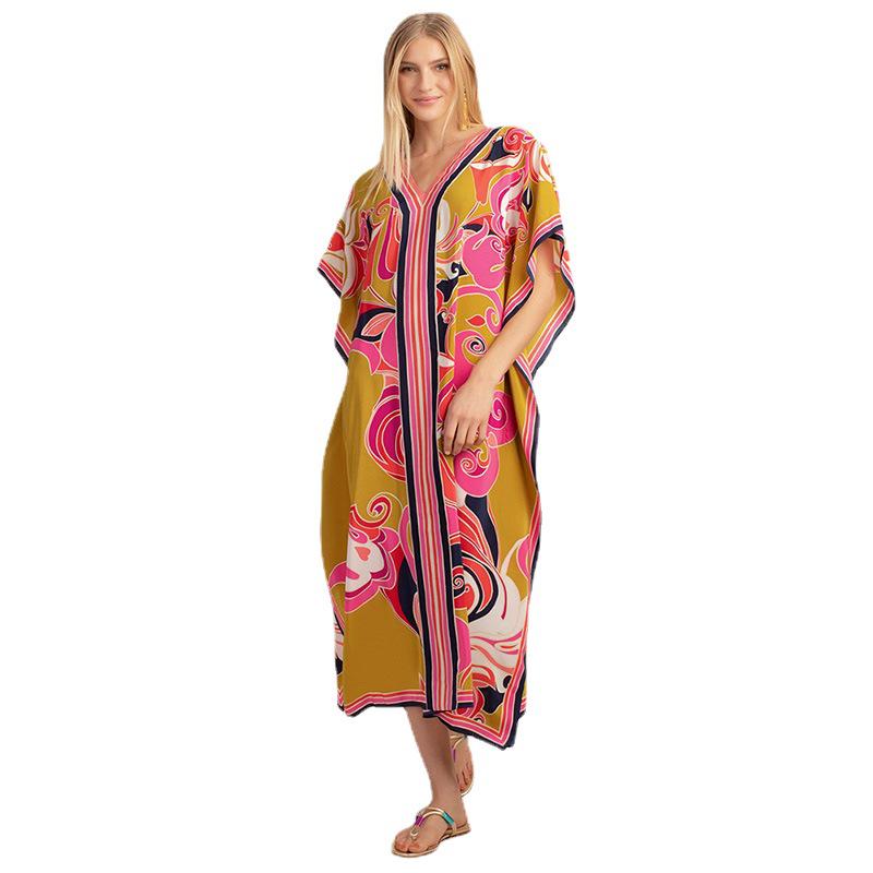 Europäischer & Amerikanischer Urlaubs-Strandüberwurf: Langer Morgenmantel mit Positionierungsdruck Badeanzug Damenkleid.