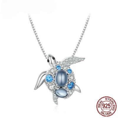 Collana Pendente Tartaruga Marina in Argento Sterling S925 Spinello Blu Incastonatura Pavé Zirconi Cubici per Donna Regalo San Valentino