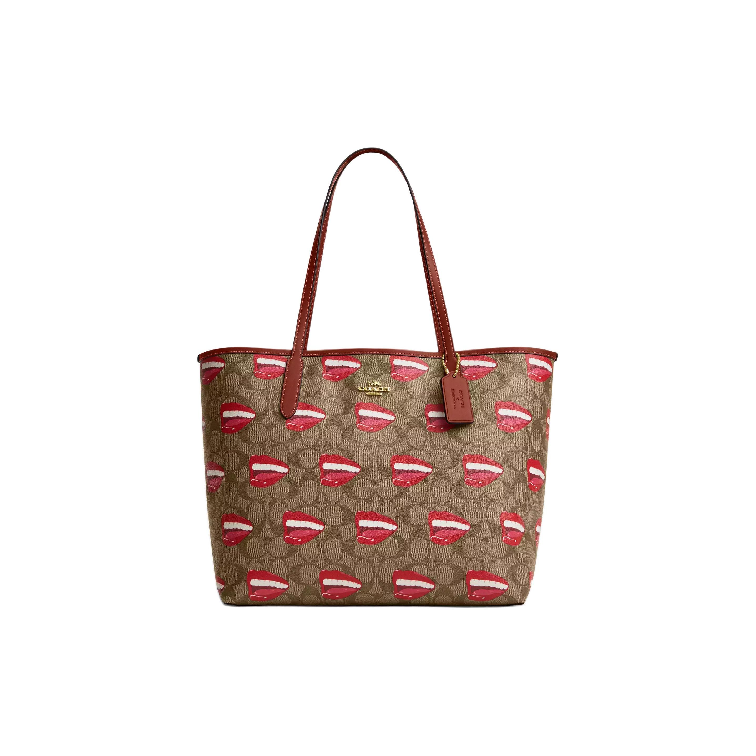 

Coach X Tom Wesselmann Tan Signature Canvas Large Tote Bag With Red Lips Print & Brown Leather Trim For Daily Use Basic Set (Bag+Dust Bag)