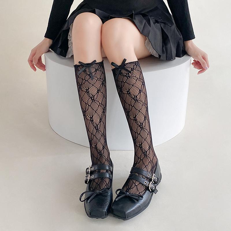 

Женские летние тонкие милые носки-гольфы из сетки с кружевом и бантом 1 pair чёрный